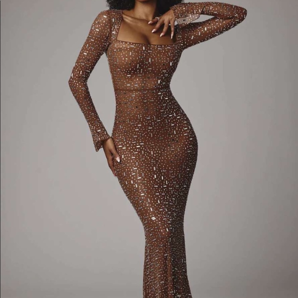 Sheer Embellished Long Sleeve Evening Gown